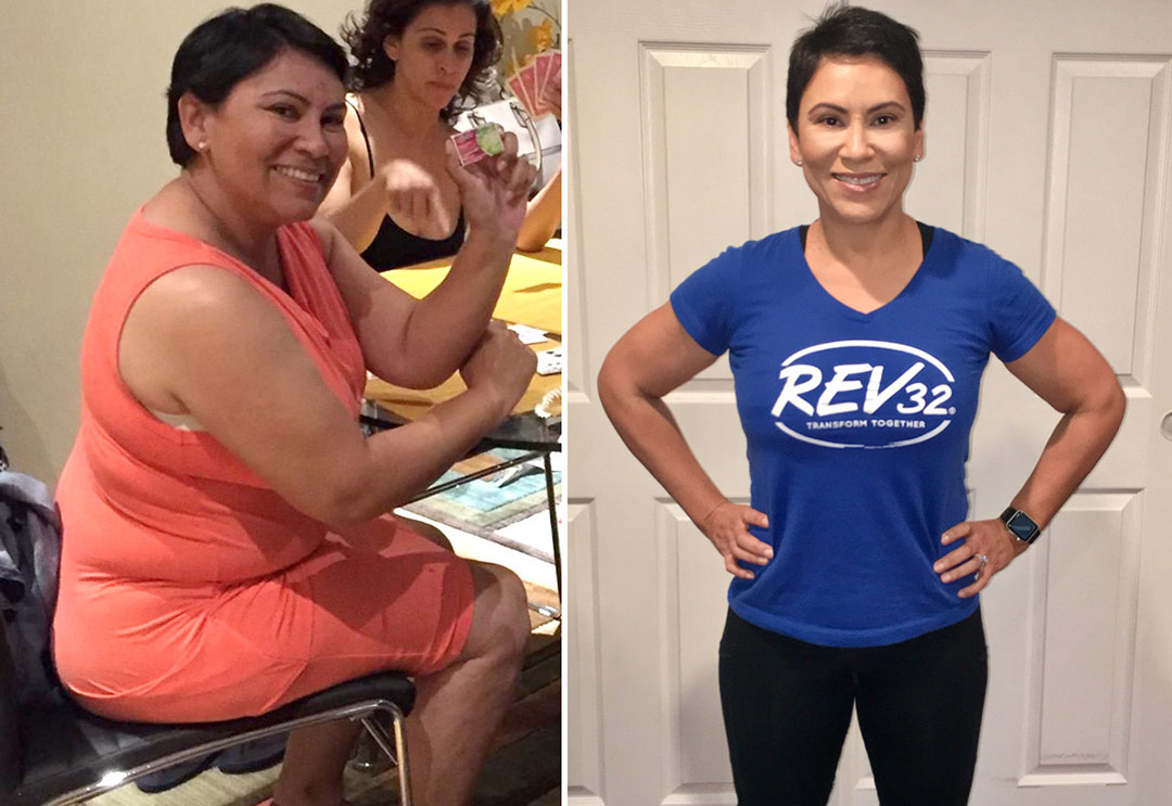 Before and after photos of Rev32 participant, Estelle