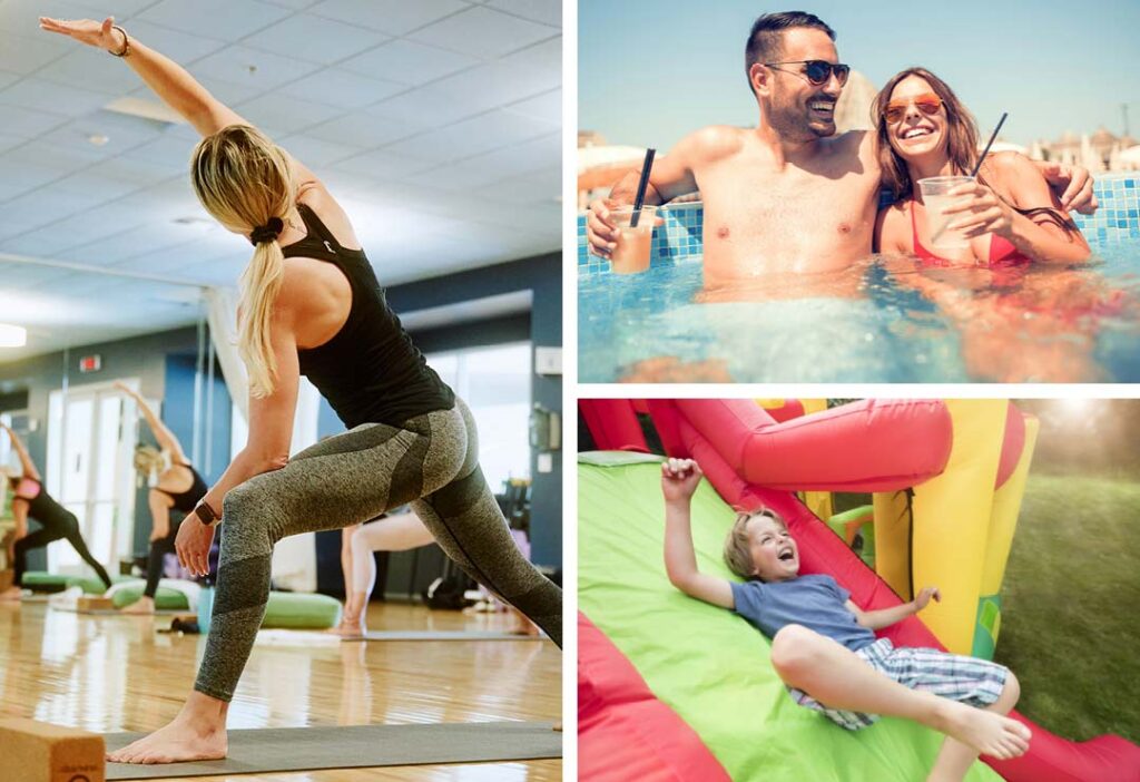 A collage of images - woman in a yoga class, man and woman enjoy the hot tub, a child going down a slide