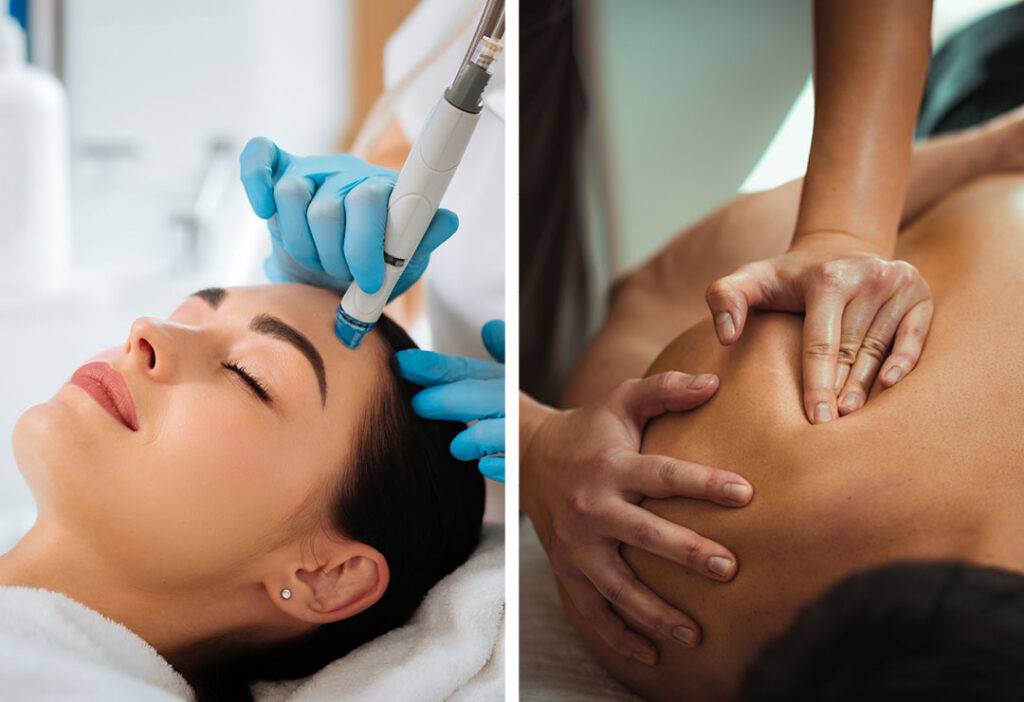 A woman getting a hydrafacial and man getting a massage to promote self care at ClubSport